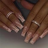 24pcs Long Coffin False Nails French Glitter Gold Tip Stick on Nails Nude Press on Nails Removable...