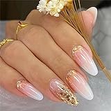 24pcs Almond False Nails Nude Pink Gradient Stick on Nails Gold Glitter Press on Nails Removable...