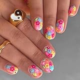 Vatocu Square False Nails Short Rainbow Flowers Press on Nails Summer Fake Nails Acrylic Stick on...