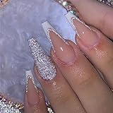 24pcs Long Coffin False Nails French Tip Stick on Nails Glitter Silver Press on Nails Removable...