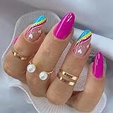 24pcs False Nails Short Oval Rainbow Colored Stick on Nails White Heart Press on Nails Removable...