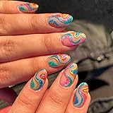 Almond Press on Nails Short, 24Pcs Stiletto Glossy False Nails with Colorful Swirl Designs, Bling...