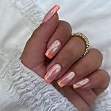 24pcs Short Square False Nails French Tip Aurora Orange Edge Stick on Nails Pink Mirror Press on...