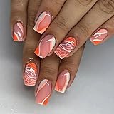 24pcs Short Square False Nails Leopard Print Press on Nail Swirl Stick on Nails Orange Pink False...