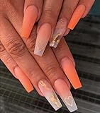 Brishow Coffin False Nails Orange Long Fake Nails Glitter Heart Press on Nails Ballerina Acrylic...