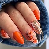 Ceboic False Nails Almond Medium, Oval French Tip Press on Nails Cute Pumpkin Pattern Fake Nails,...