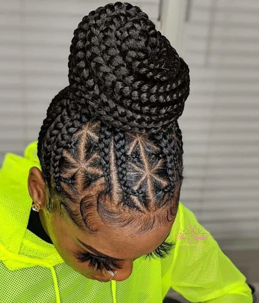 patterned cornrow braids into a bun