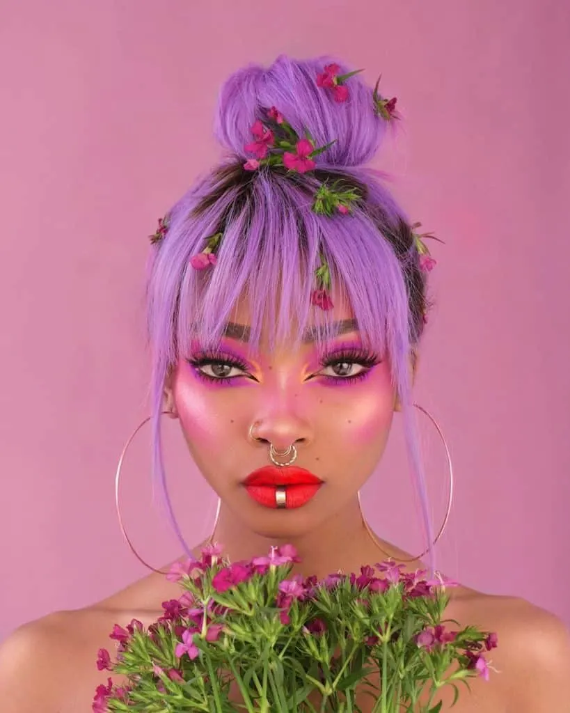 nyane lebajoa purple hair in a bun