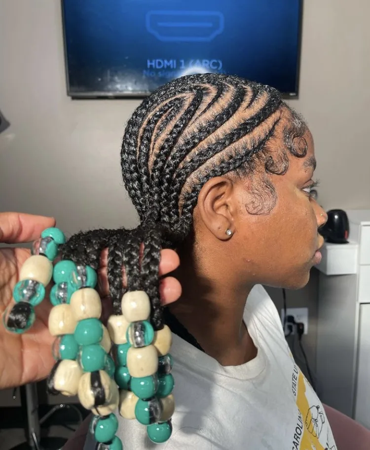 short Alicia keys braids with cream and green wooden beads