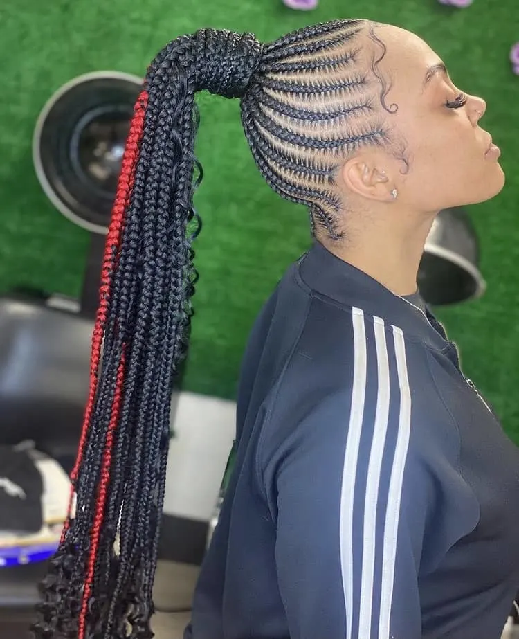 small stitch braids in a long ponytail