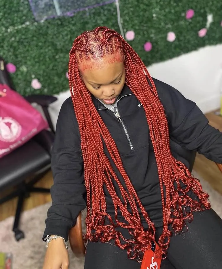 red criss cross stitch braids into knotless braids