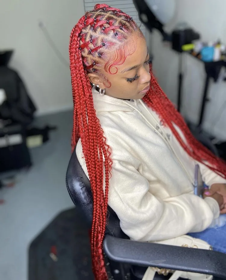 red criss cross knotless braids