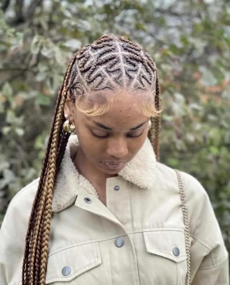 half mixed color fulani braids half knotless braids