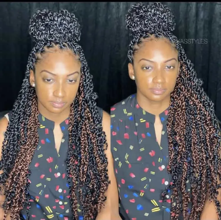 bun updo on peekaboo passion twists 