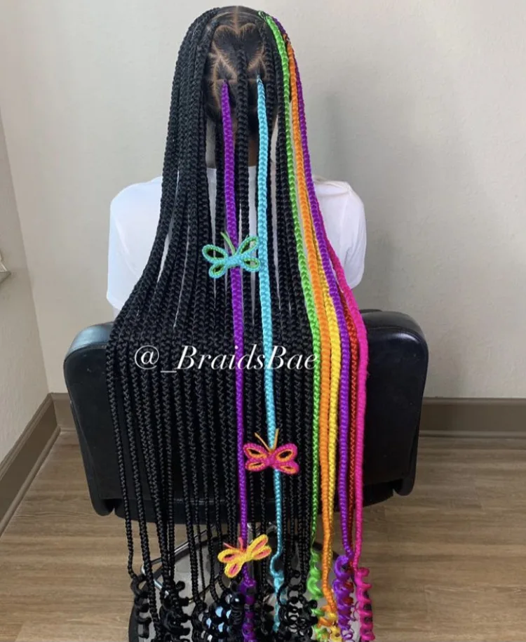 rainbow peekaboo knotless braids with braided butterflies