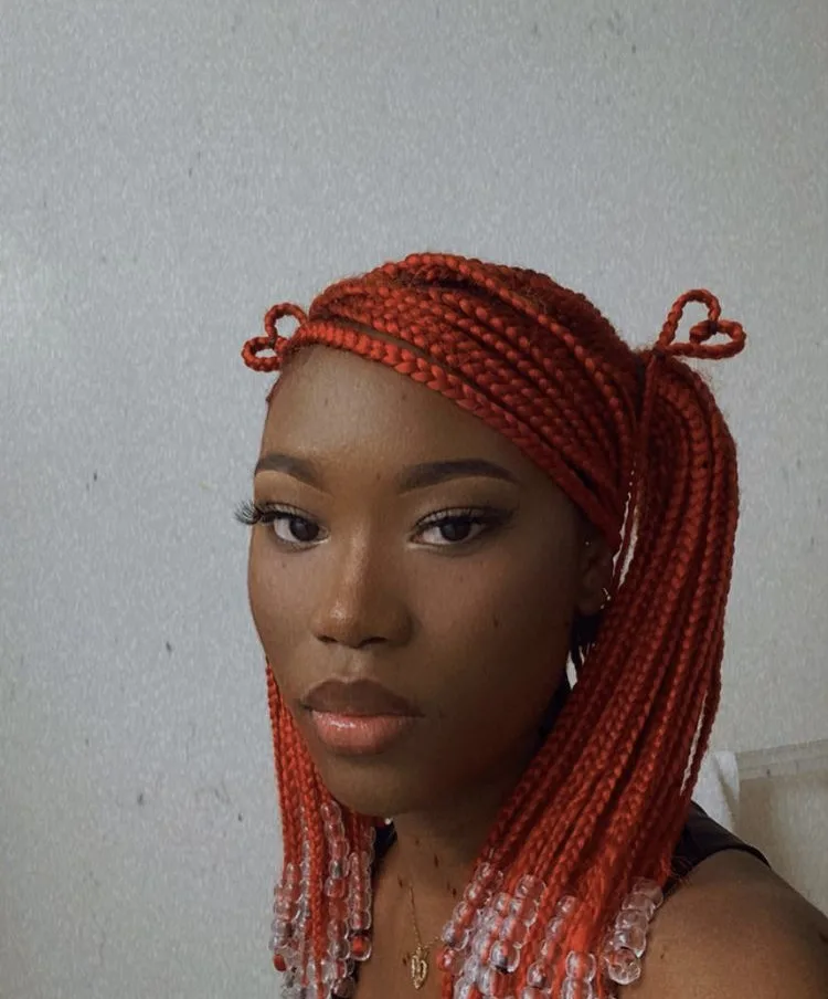 red short knotless braids with beads