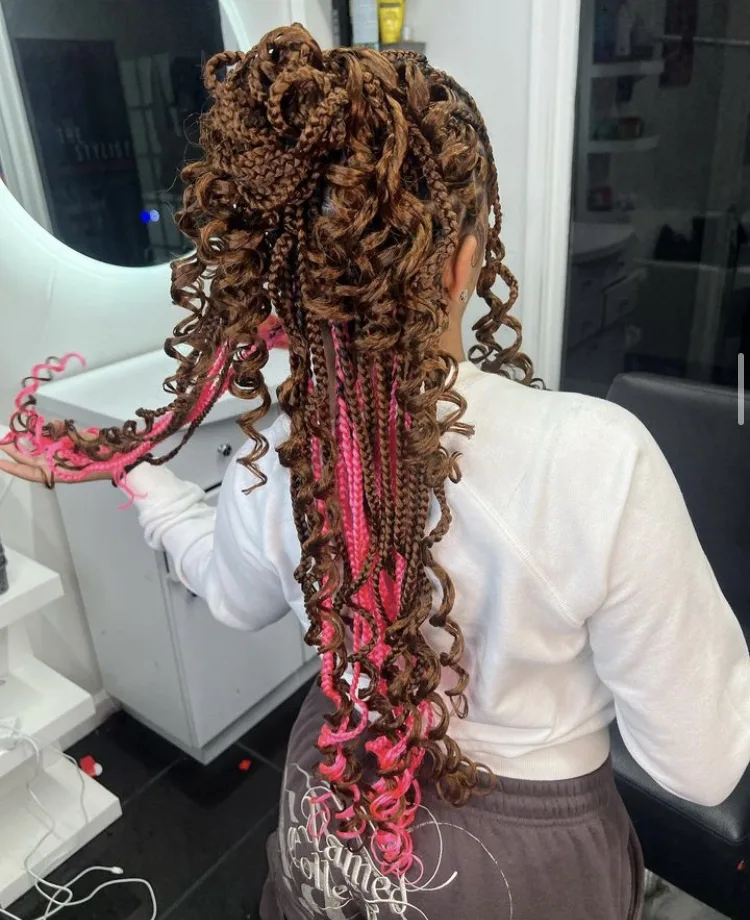 pink peekaboo braids on brown layered knotless braids with curled ends