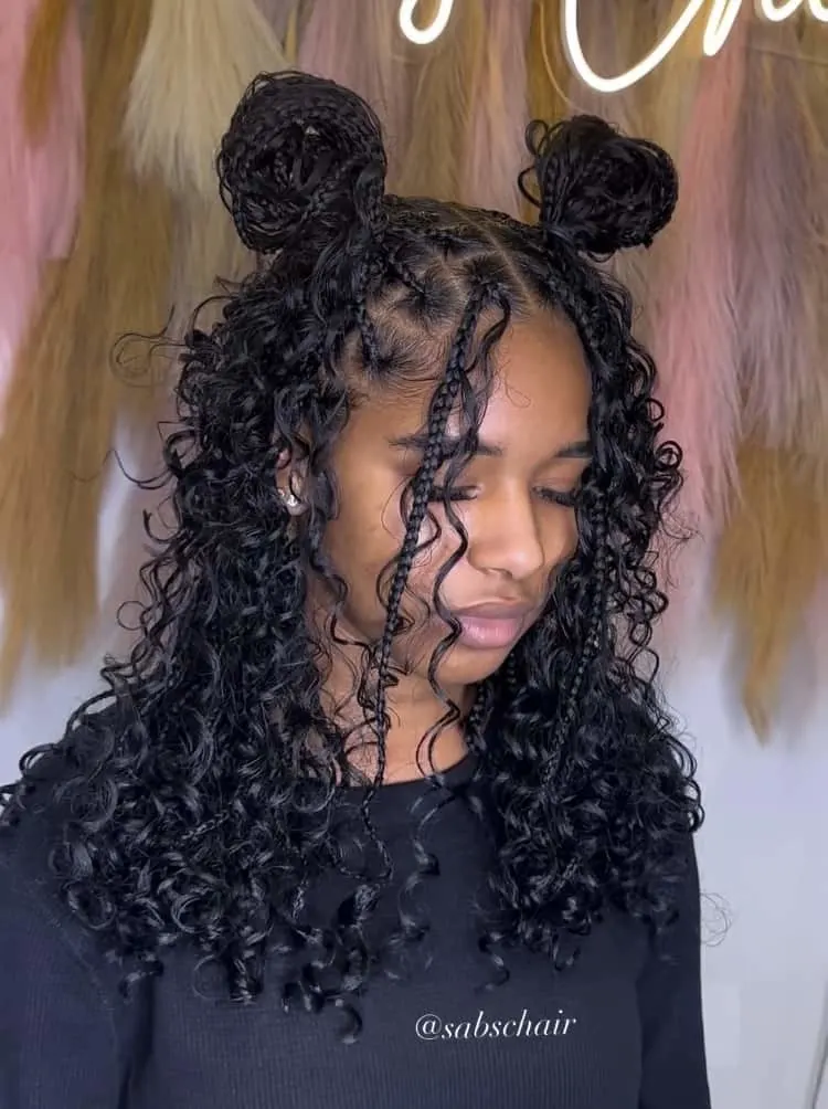 boho bob knotless braids in space buns