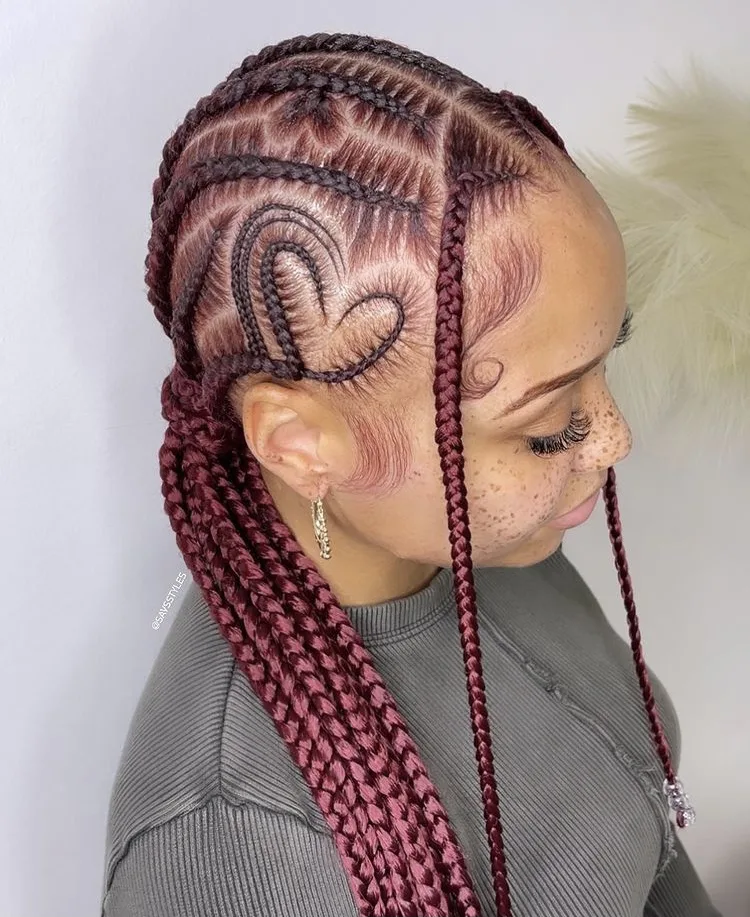 double heart braid burgundy cornrows with two braids at the fronts