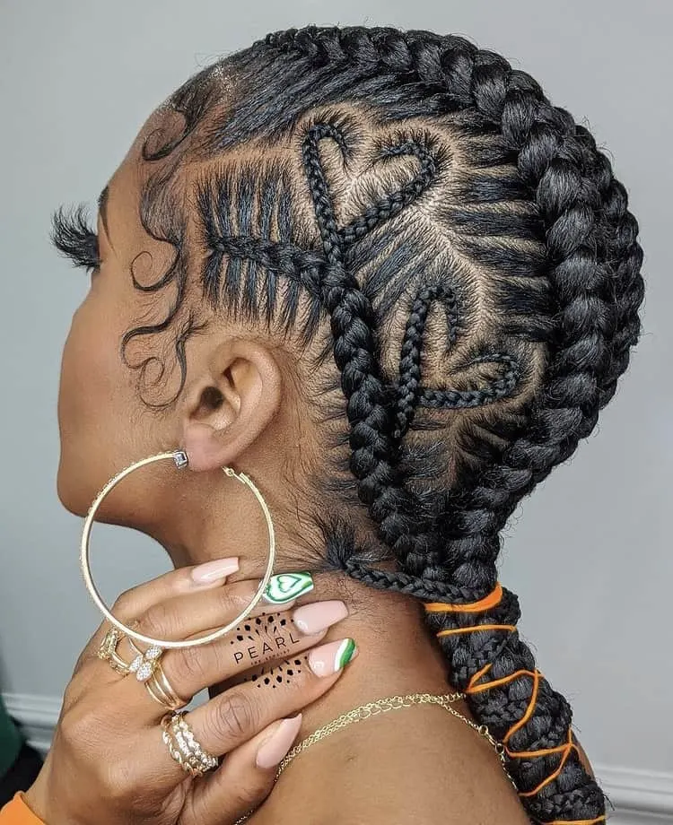 two heart braids into jumbo cornrows