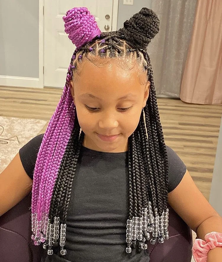 half purple half black criss cross knotless braids with beads, criss cross knotless braids with color