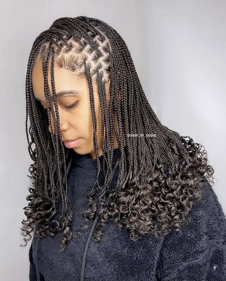 short small knotless braids with curly ends