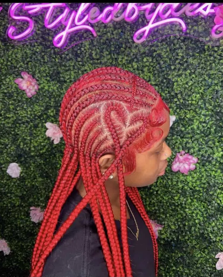 red stitch cornrow. braids