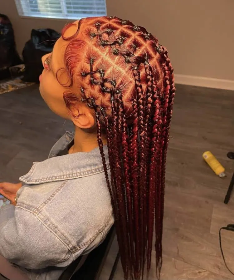 burgundy criss cross knotless braids