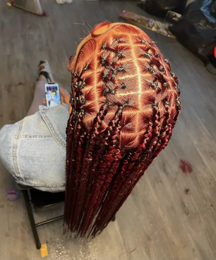 burgundy criss cross knotless braids