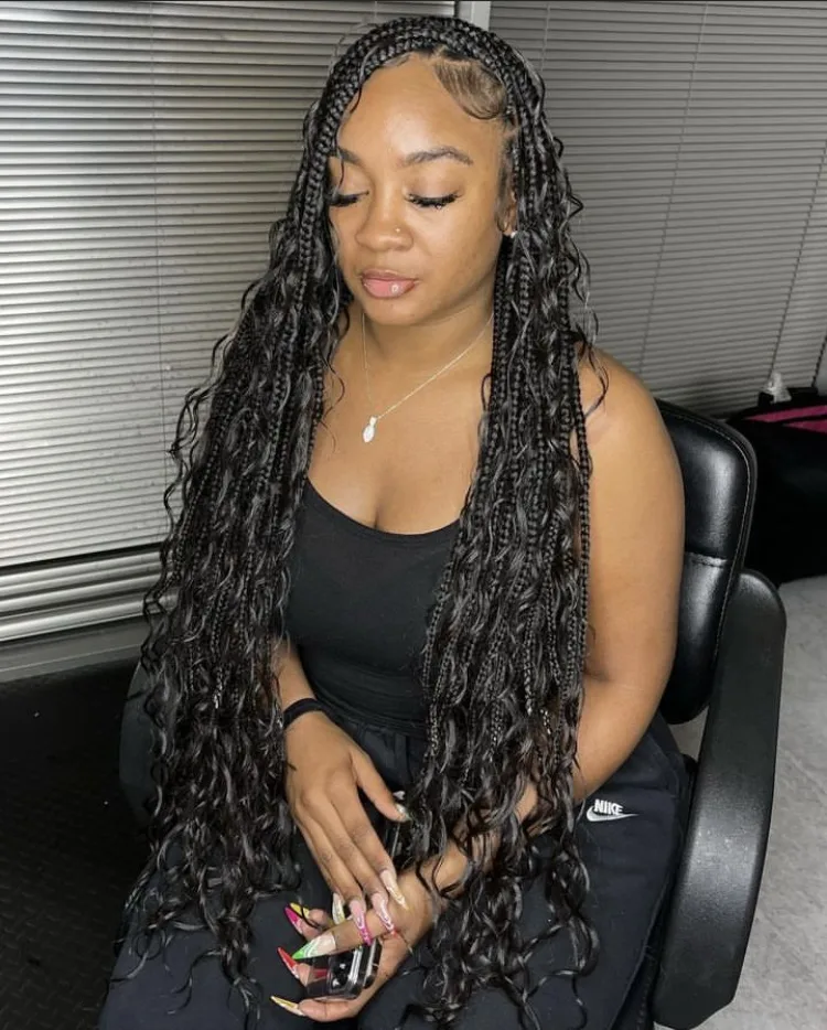 jet black bohemian knotlesss braids with human hair curls 