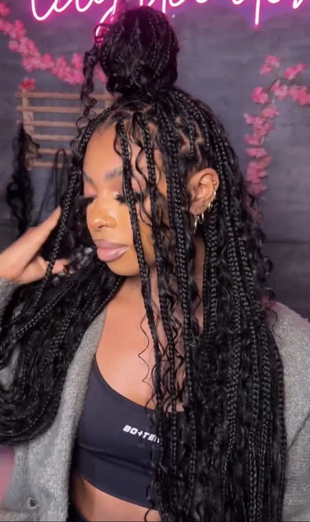 high messy bun boho knotless braids with human hair