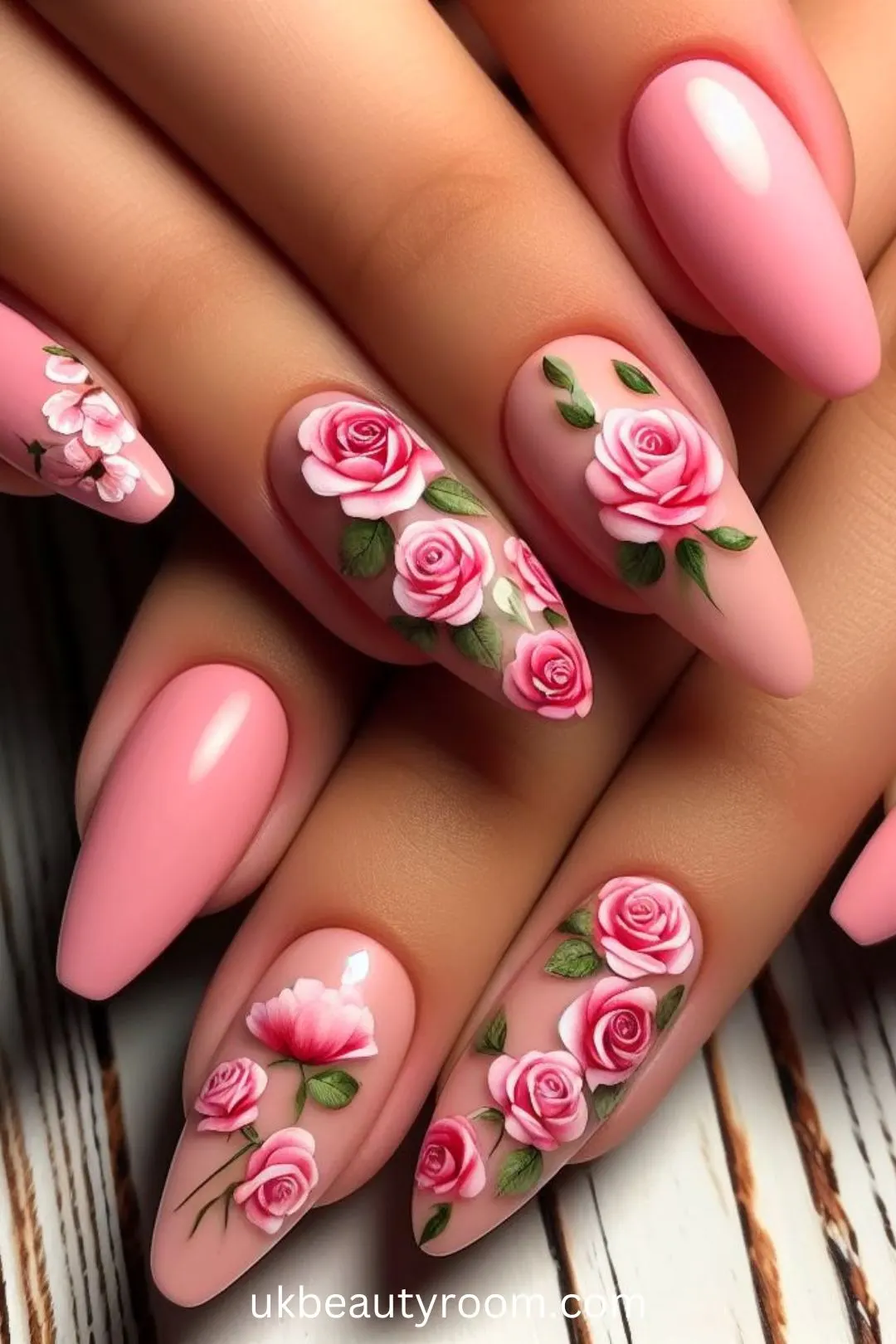 Rosy Pink Nails with Roses