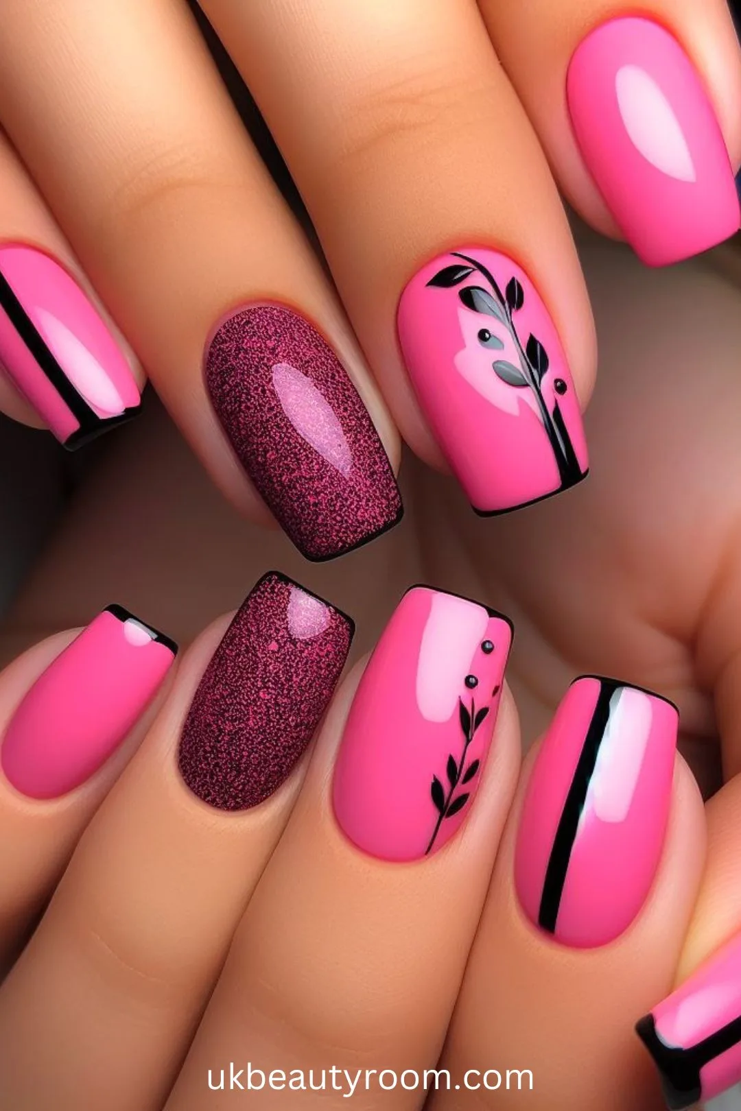 Bright pink and black nails