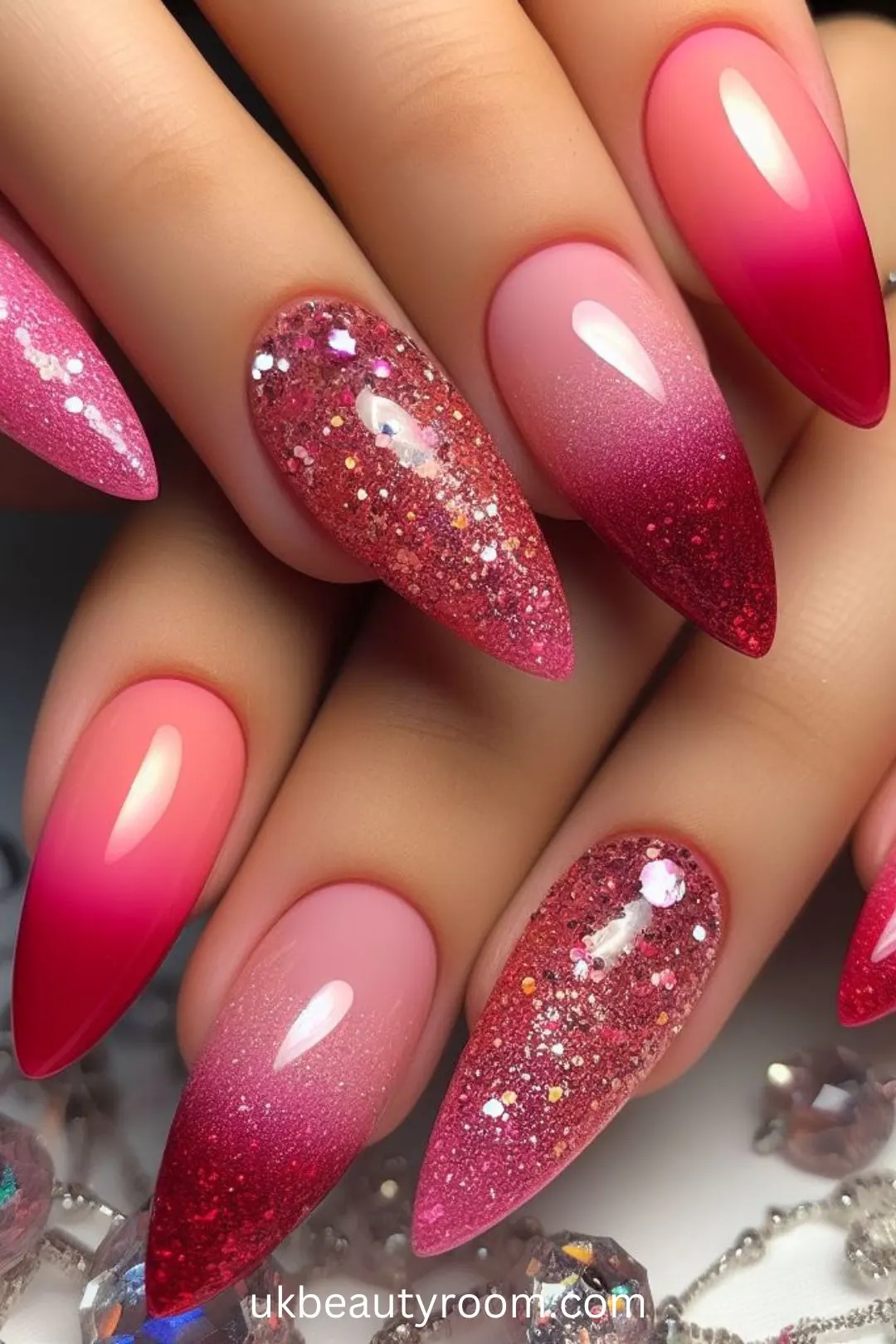 Red and Pink Gradient Nails with Glitter