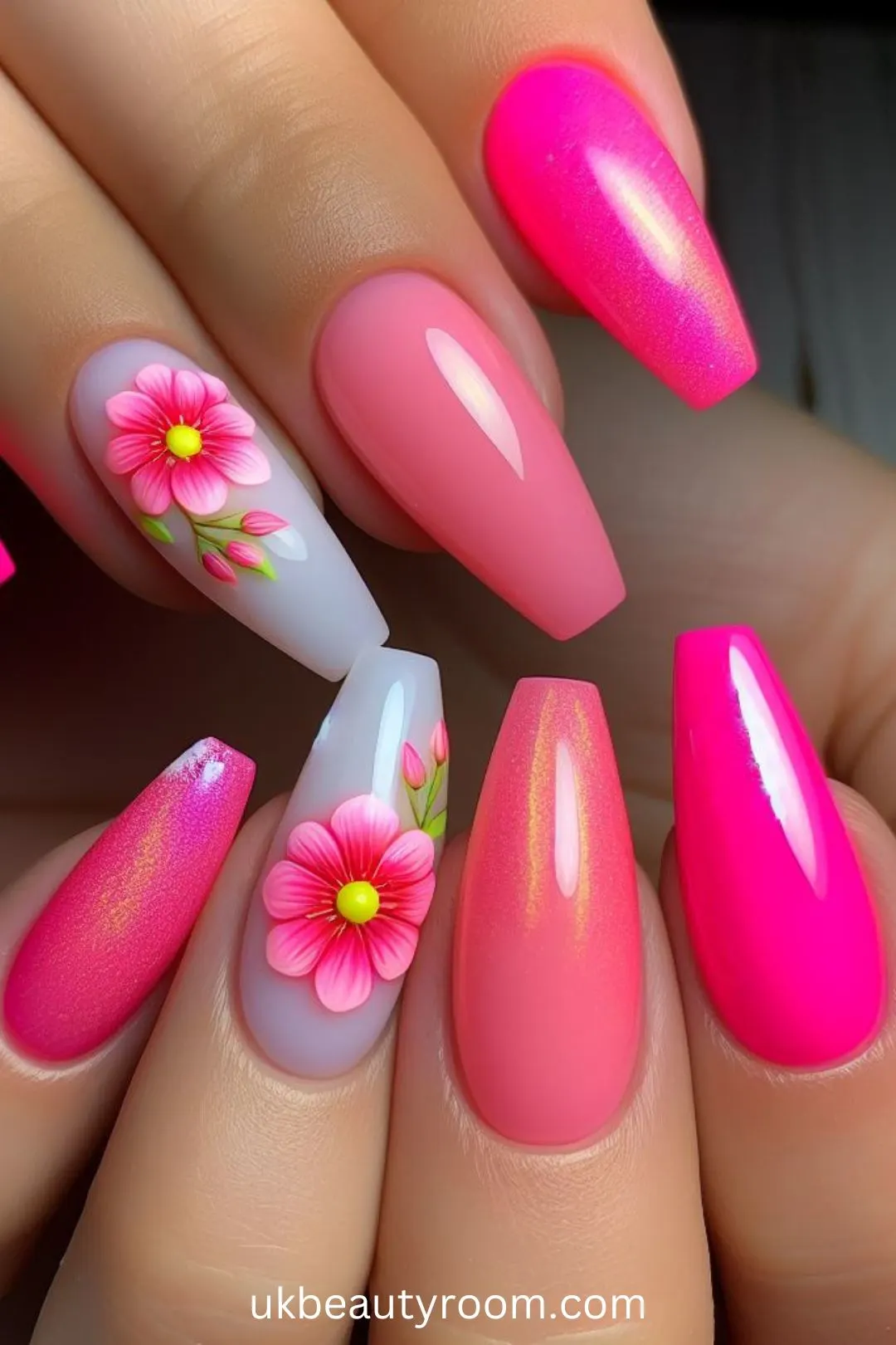 Fluorescent Pink Nails with a Flower