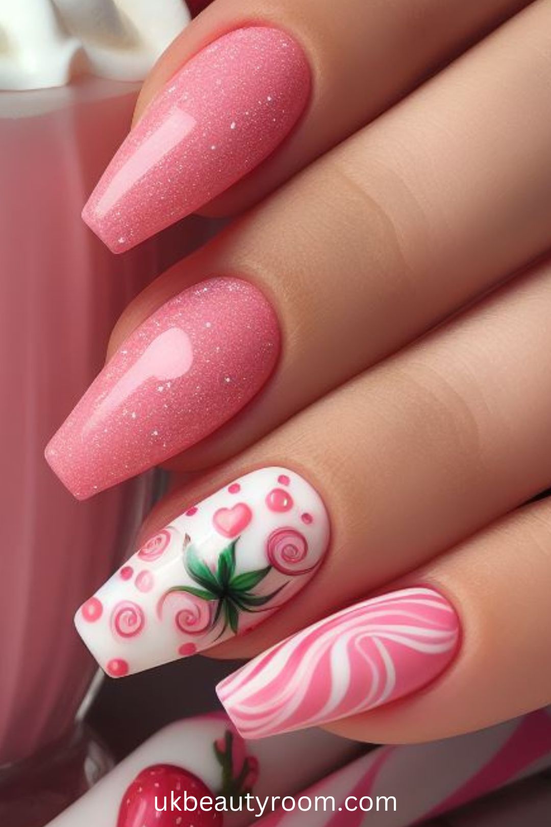 Glittery Pink Nails with Swirls