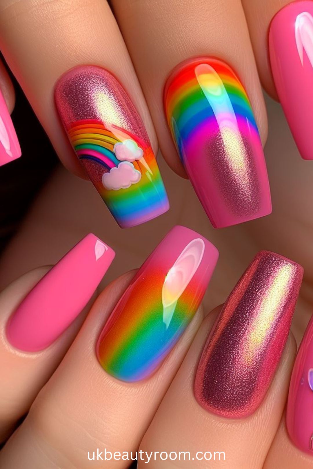 Dreamy Pink Nails with Rainbows