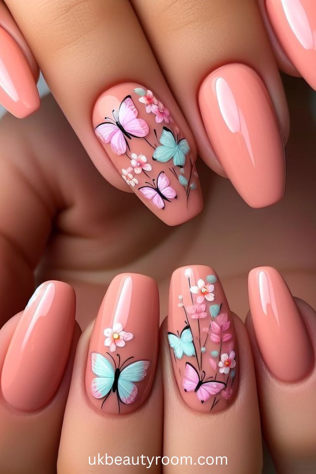 Peachy Pink Nails with Butterflies