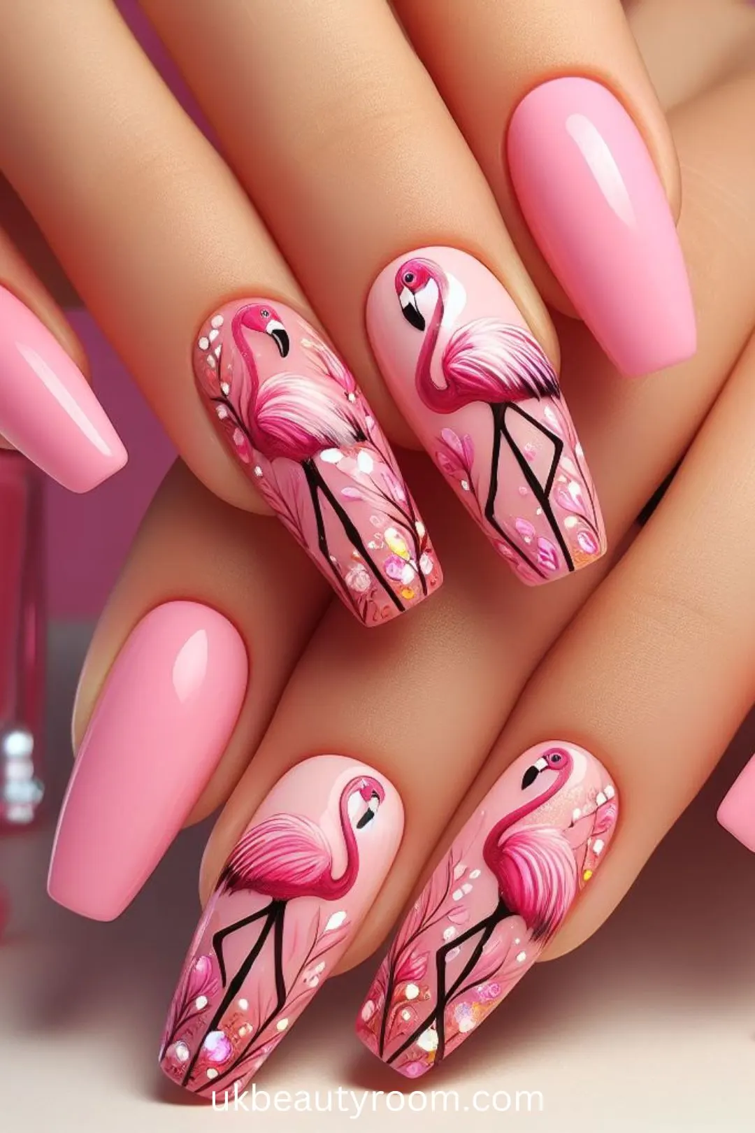 pink nails with Small Flamingo Designs