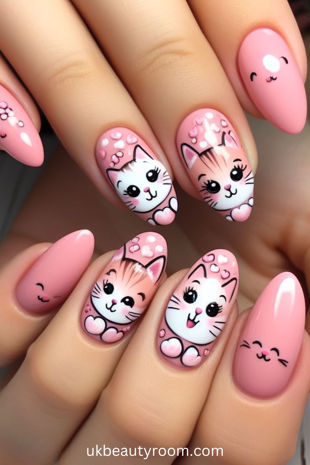 Pink Nails with Cat Faces