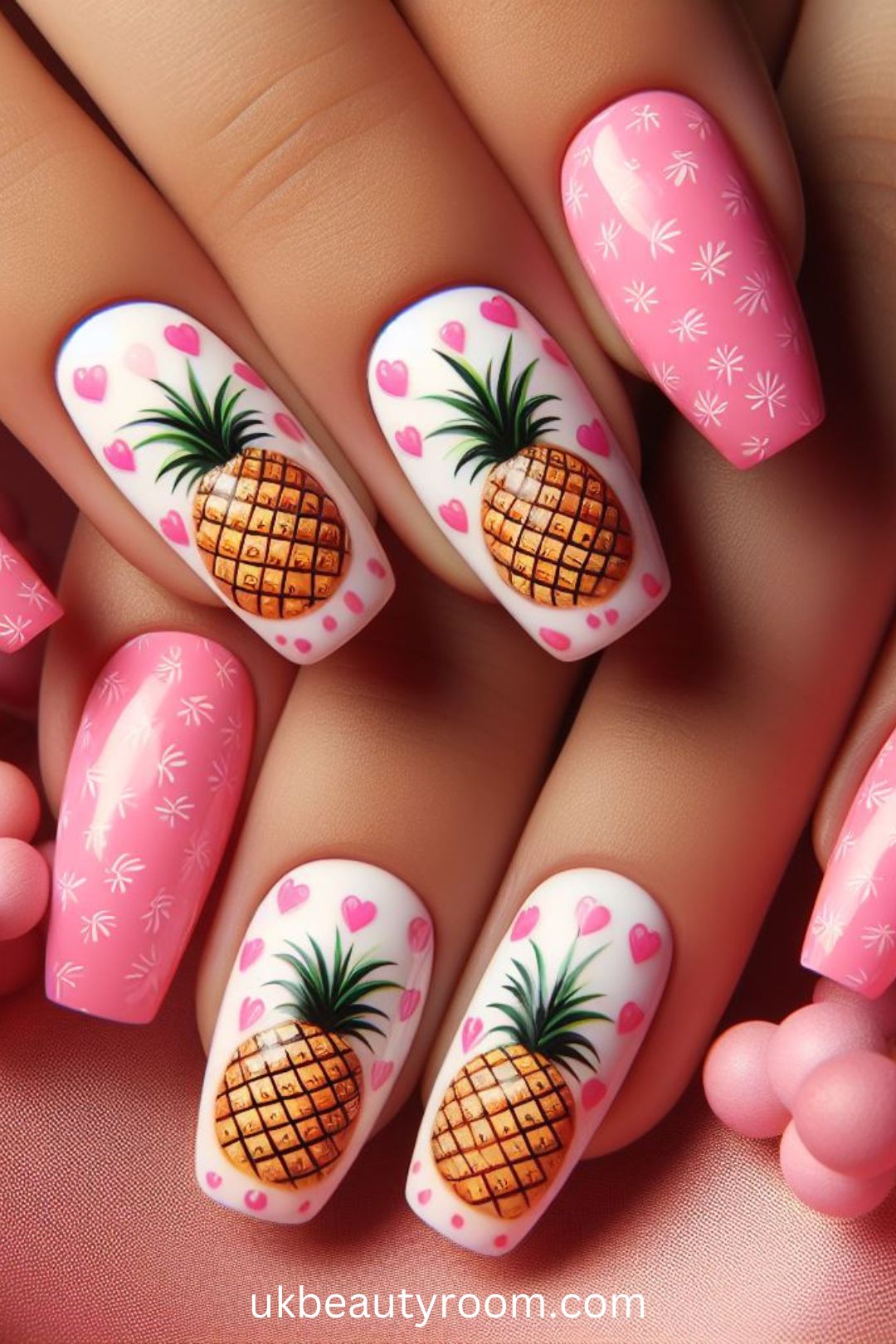 Pink Nails with Pineapple Accents