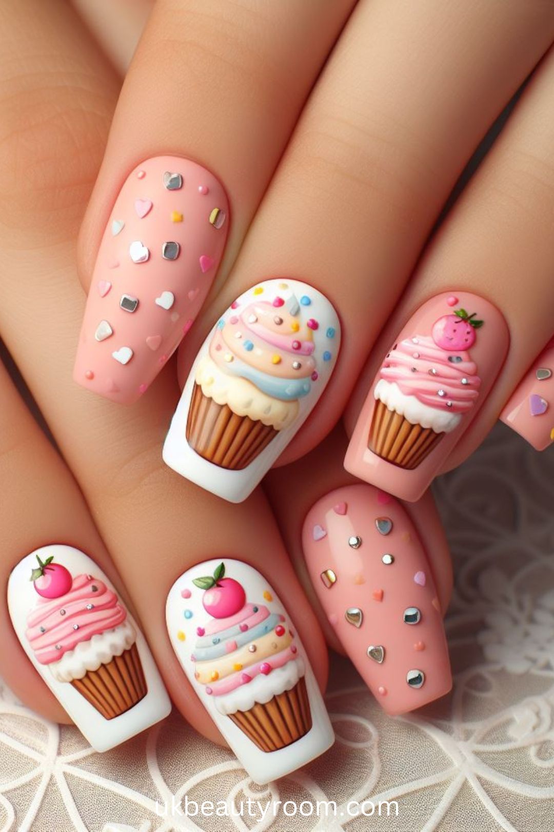 Pale Pink Nails with Cupcake Stickers