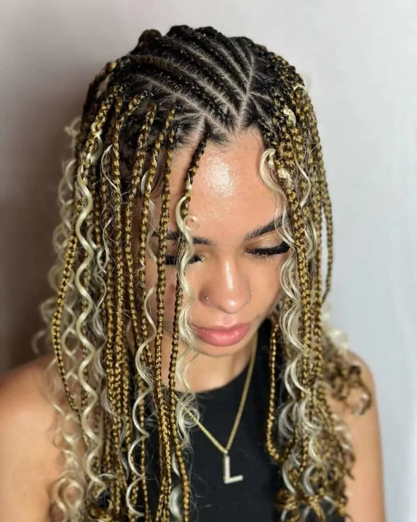 short blonde bohemian flip over Fulani braids