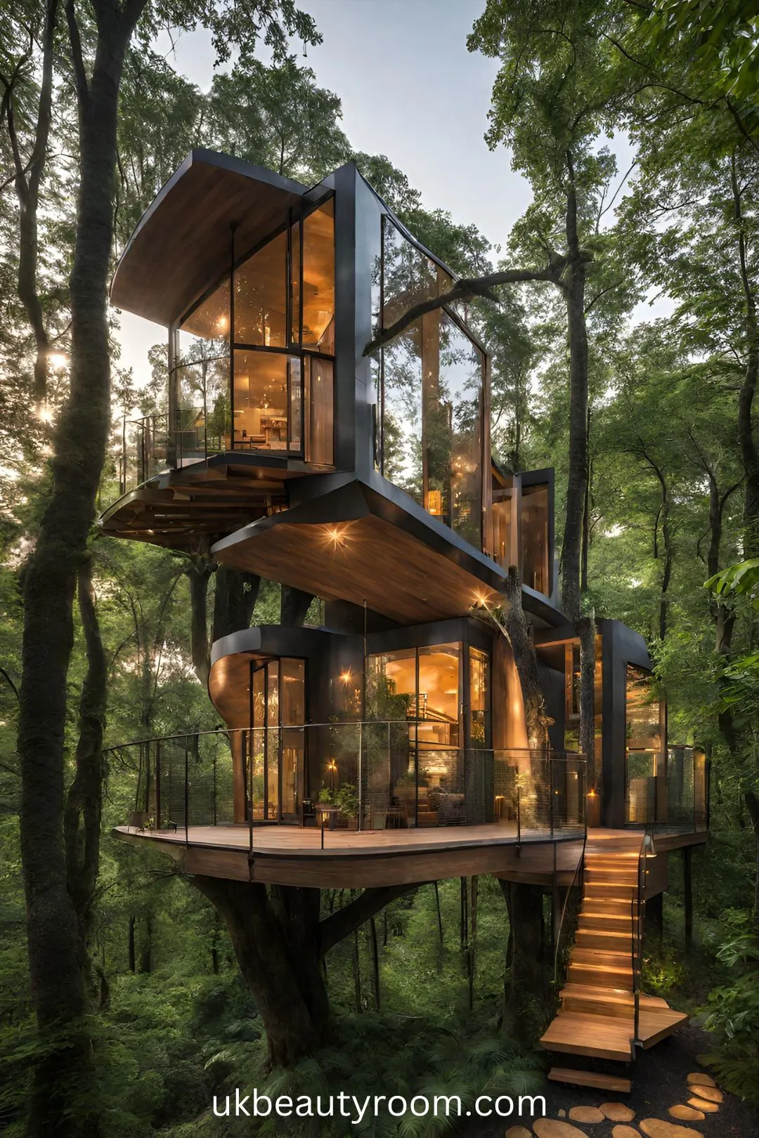 Modern Treehouse Surrounded by Lush Forest