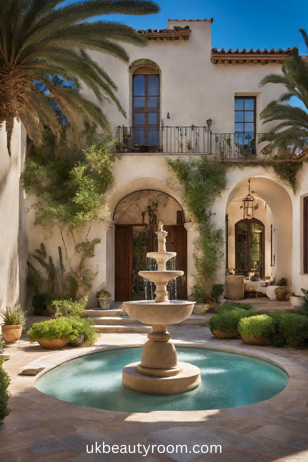 Mediterranean-Style Villa with a Courtyard and Fountain