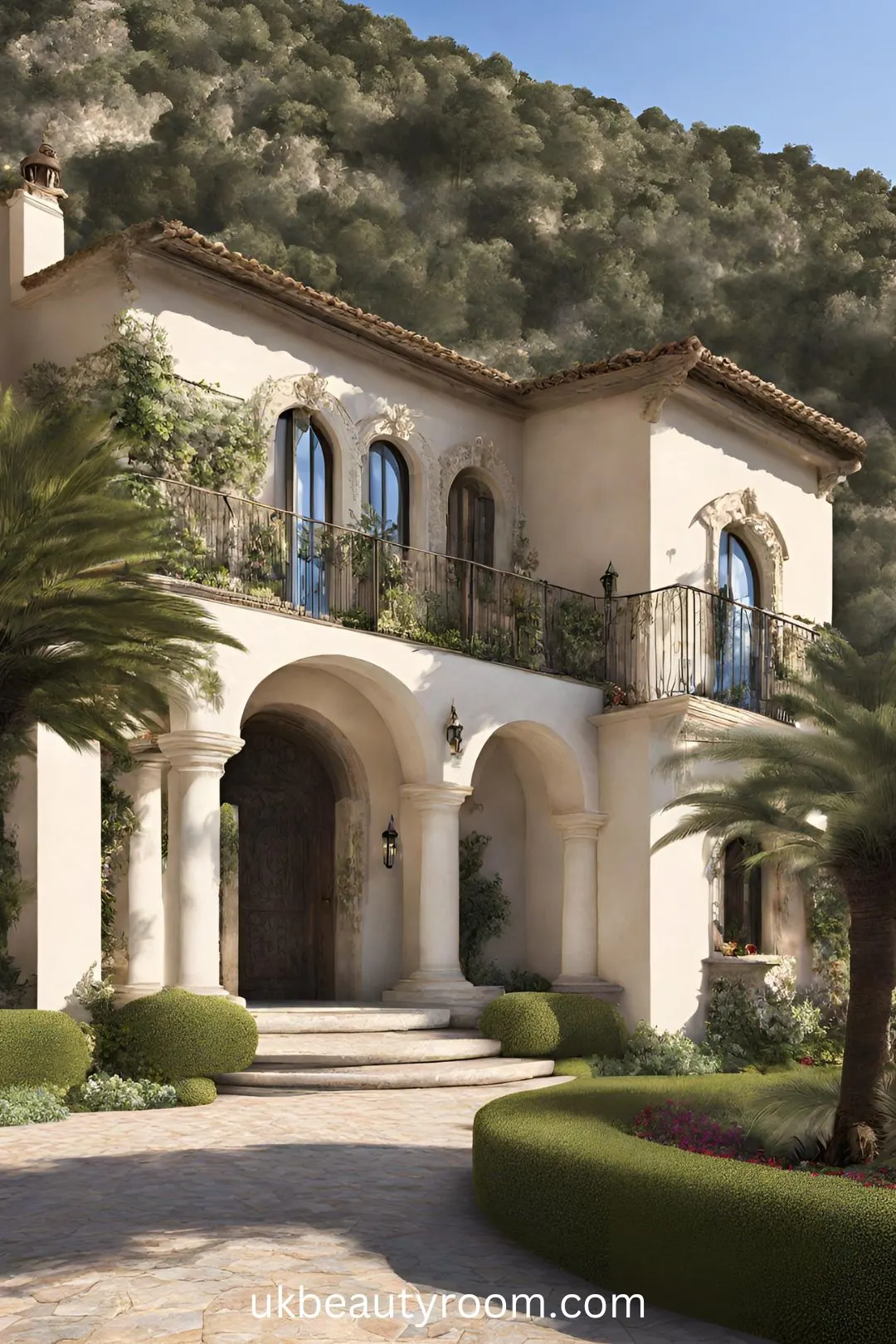 Mediterranean-Style Villa with a Courtyard and Fountain