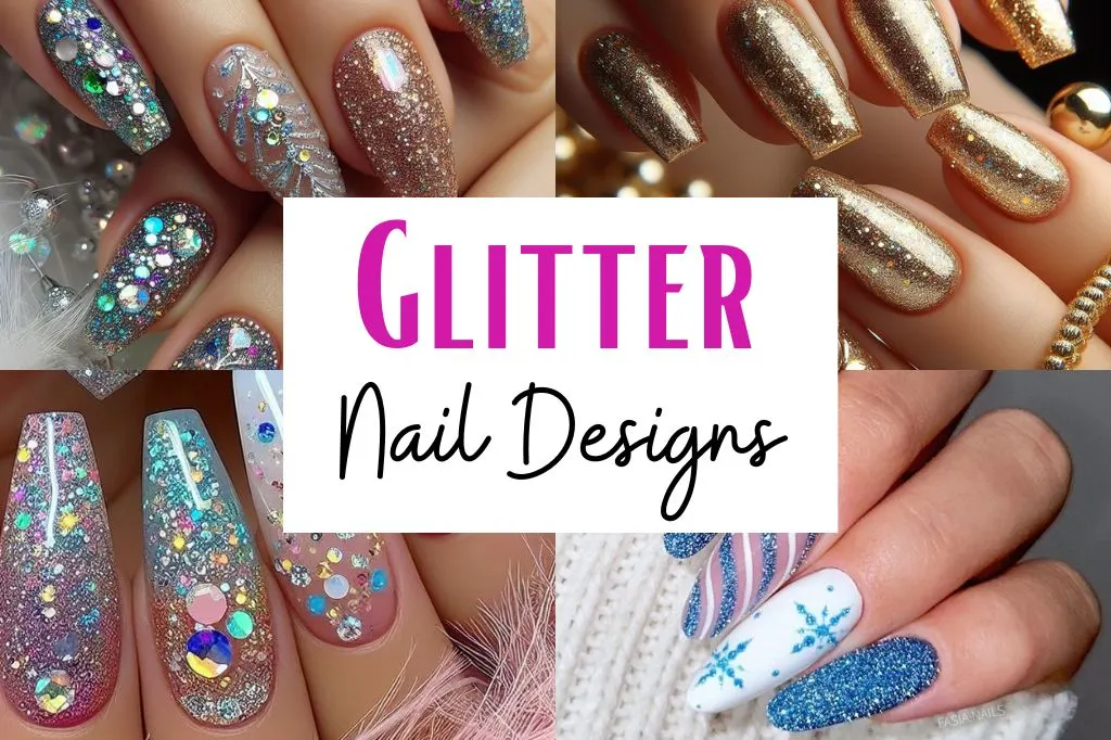 Glitter nail designs add sparkle and glamour to your manicure. They come in various forms, including ombré glitter, French tips with glitter accents, and glittery stars or snowflakes.  This post contains 31 beautiful nail art designs with glitter to help you find your bling!  Acrylics, short, almond, sparkle, simple, summer, coffin, square, red, pink, white, blue, silver, black and, gold, spring, winter, fall, summer, square, oval, round, squoval, gel nails, rhinestones, dip nails, natural nails.