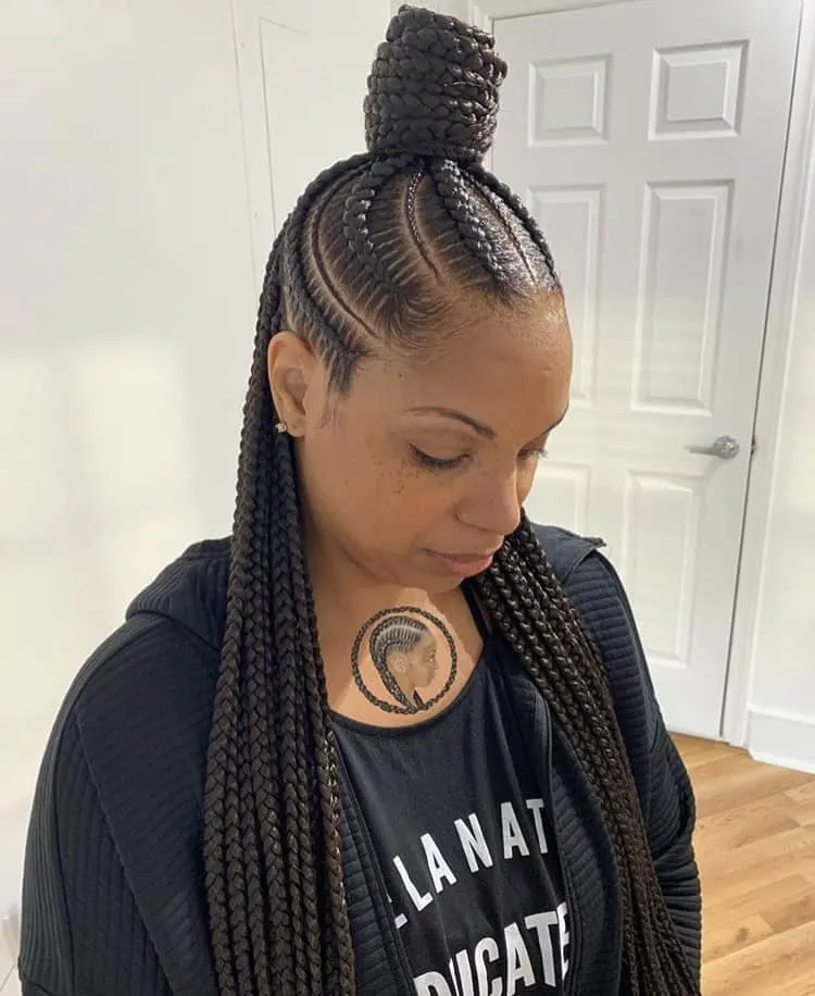 half up half down stitch braids.