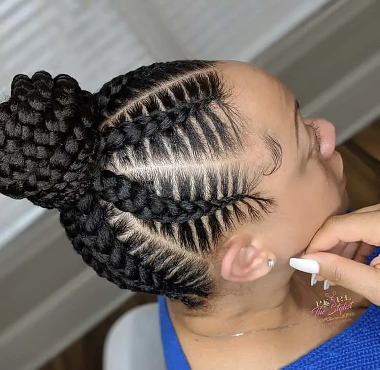 black stitch braids in a bun