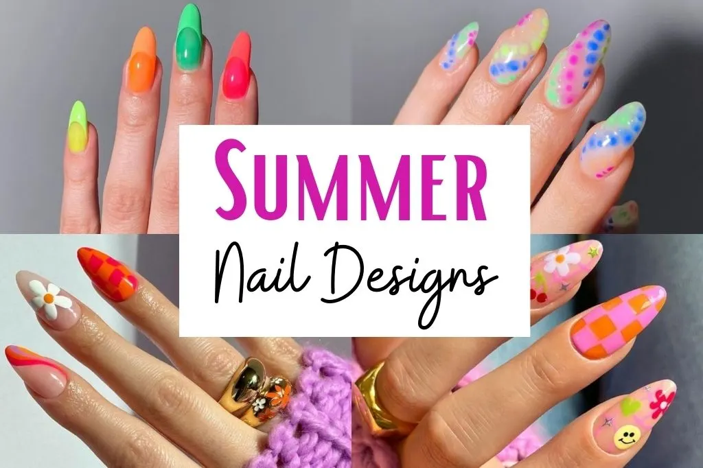 Summer nail designs are all about embracing bright colors, fun patterns, and playful accents.  Popular summer nail trends include vibrant shades like coral, turquoise, and neon hues, reminiscent of sunny beach days and tropical getaways!   Edgy, classy, fun, elegant, funky, natural nails, acrylic, gel nails, dip nails, nail extensions, oval, squoval, square, almond, round, cute, simple, bright, ideas, short, easy, pink, blue, french tip.